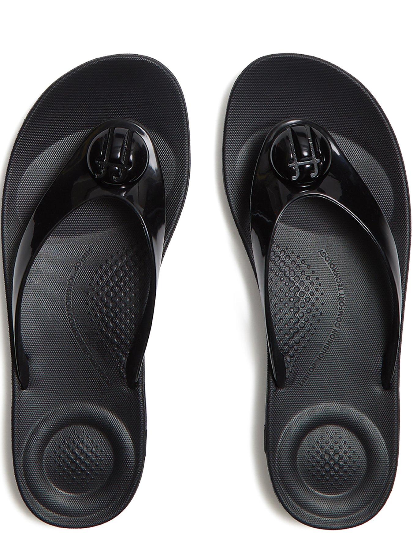  image of fitflop-iqushion-glossy-button-flip-flops-black