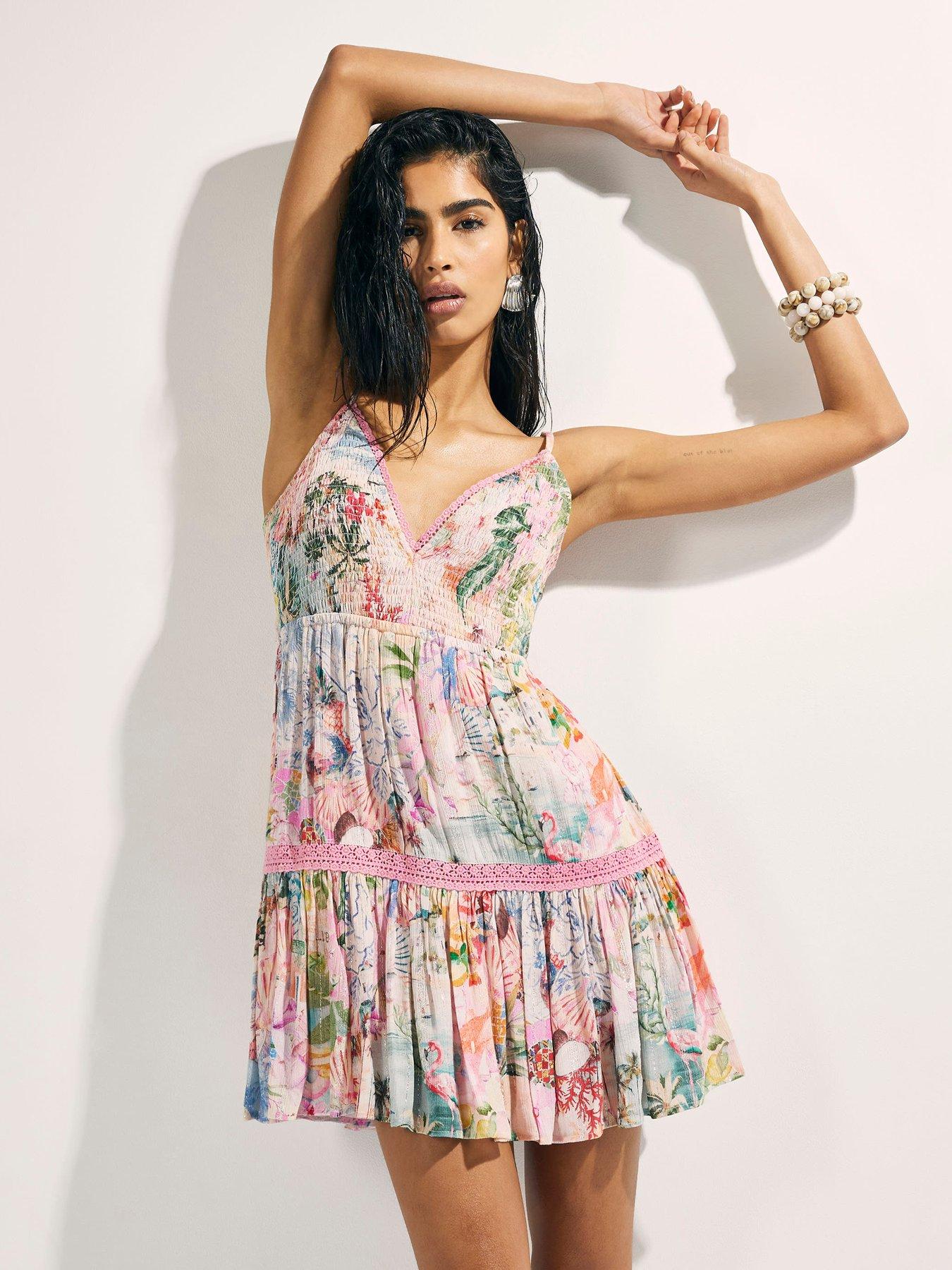 River Island Floral Shirred Mini Beach Dress - Pink