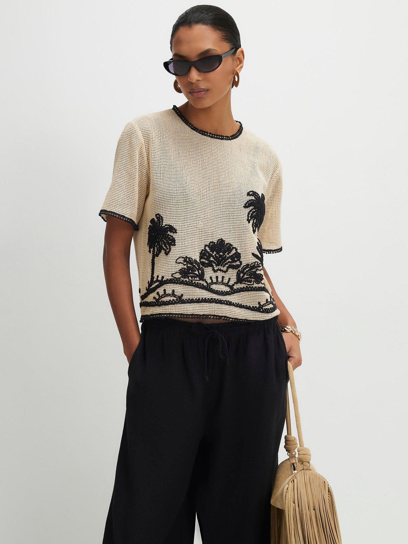 River Island Palm Stitch Boxy Knit Tee - Cream