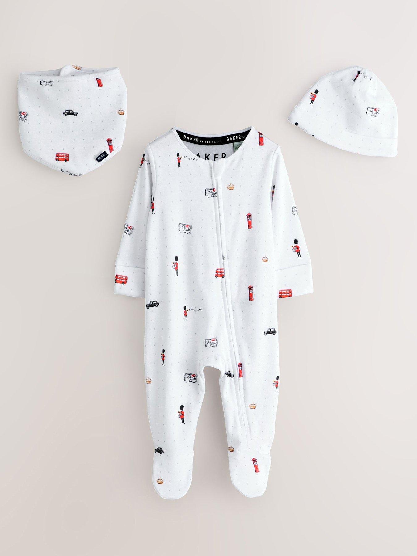 Image 1 of 6 of Ted Baker Baby Boys London Print Sleepsuit Set - White