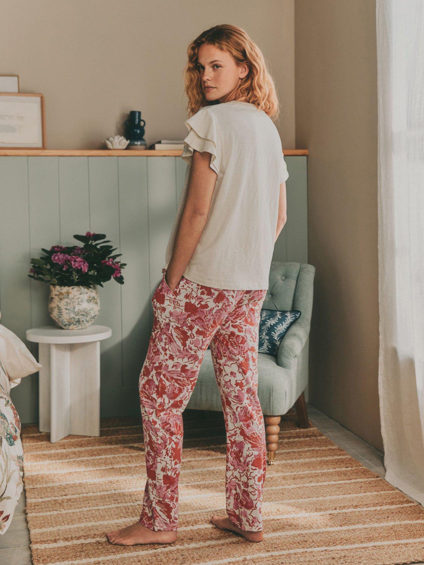 image of laura-ashley-peony-ruffle-short-sleeve-jersey-pyjamas-pink