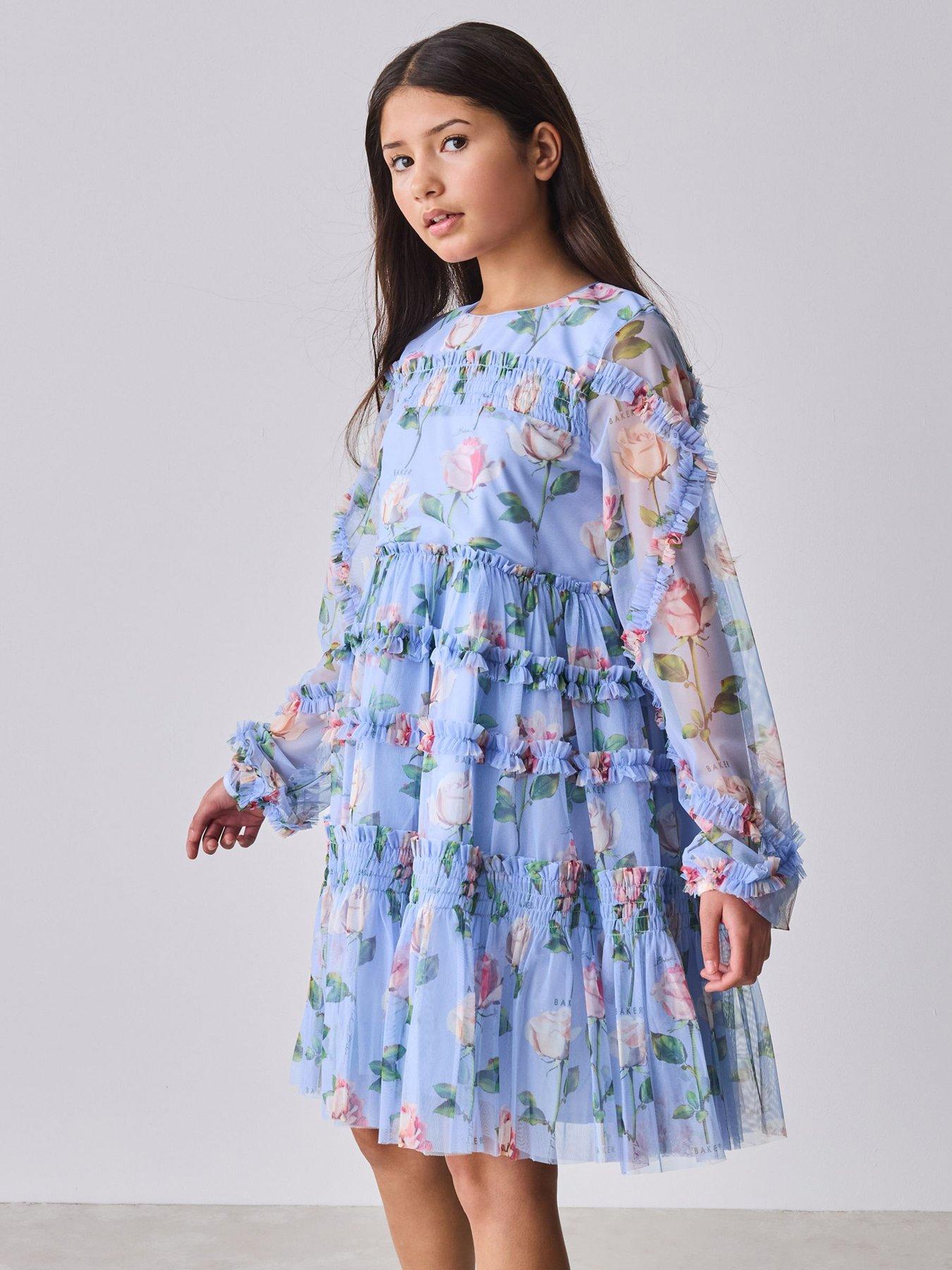 Ted Baker Girls Floral Mesh Ruffle Dress - Blue