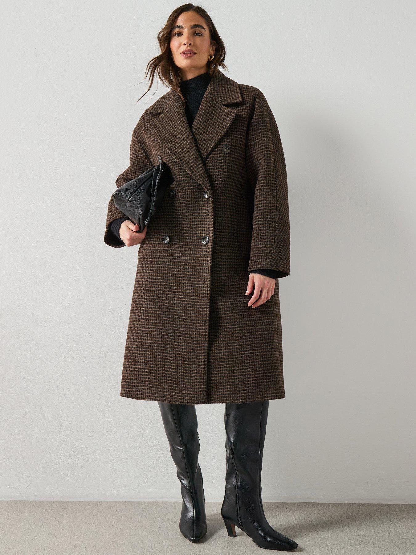  image of mango-wool-blend-micro-houndstooth-coat-brown