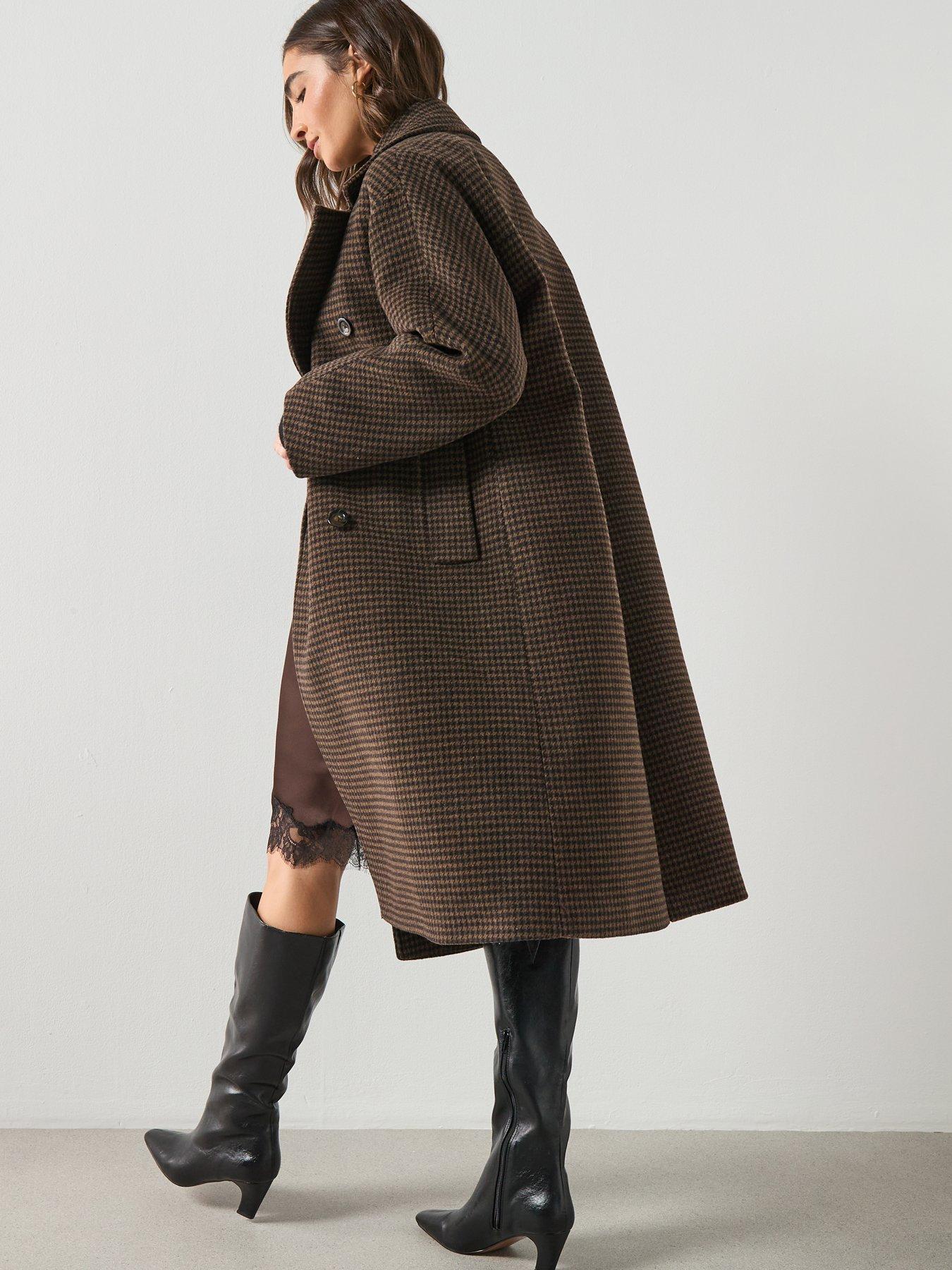  image of mango-wool-blend-micro-houndstooth-coat-brown