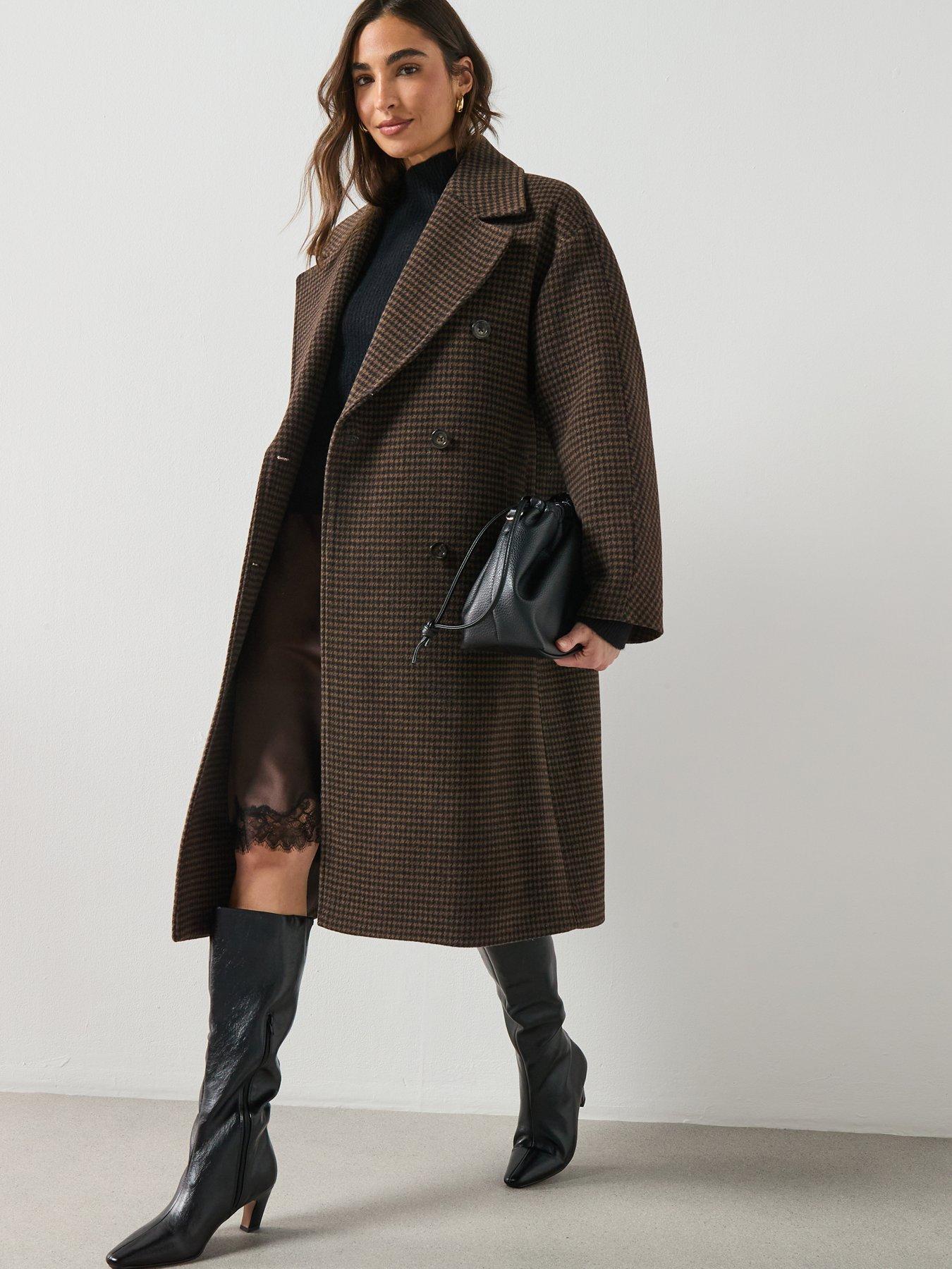  image of mango-wool-blend-micro-houndstooth-coat-brown