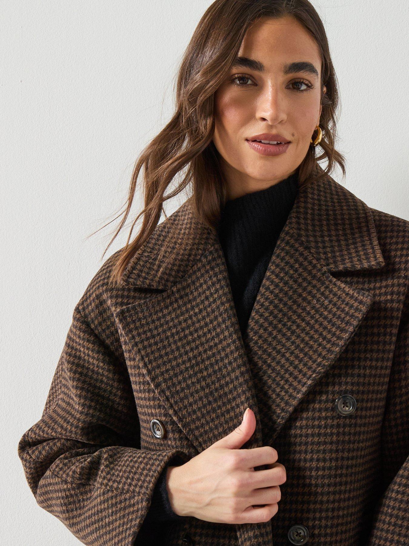  image of mango-wool-blend-micro-houndstooth-coat-brown