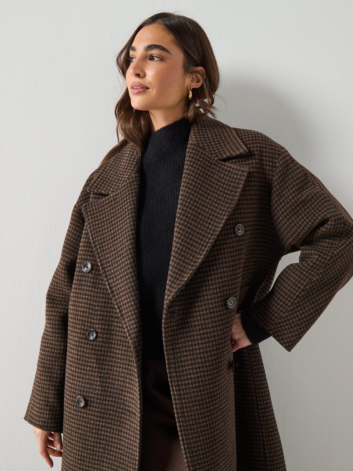  image of mango-wool-blend-micro-houndstooth-coat-brown