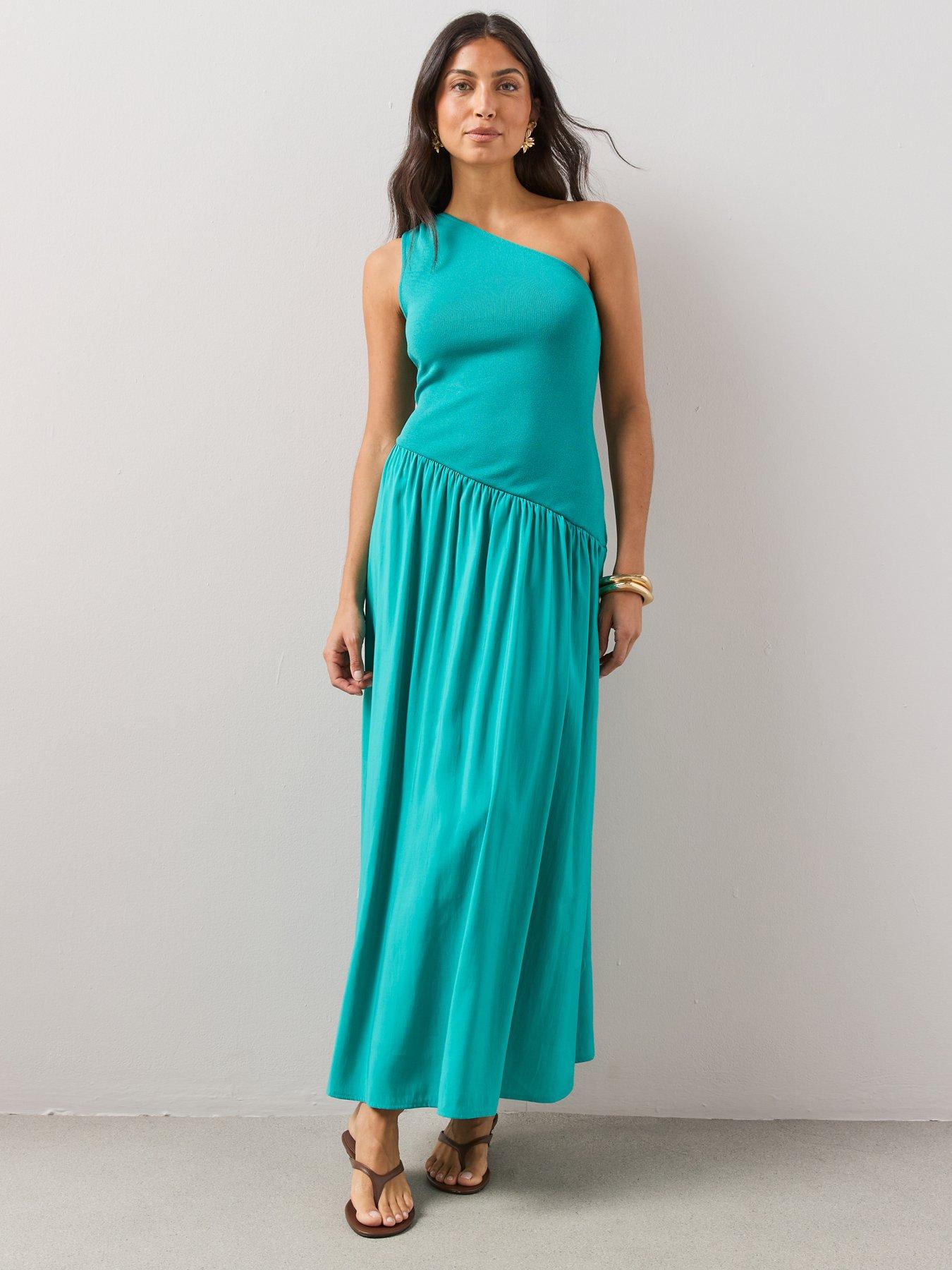 The Very Collection One Shoulder Woven Mix Midi Dress - Blue