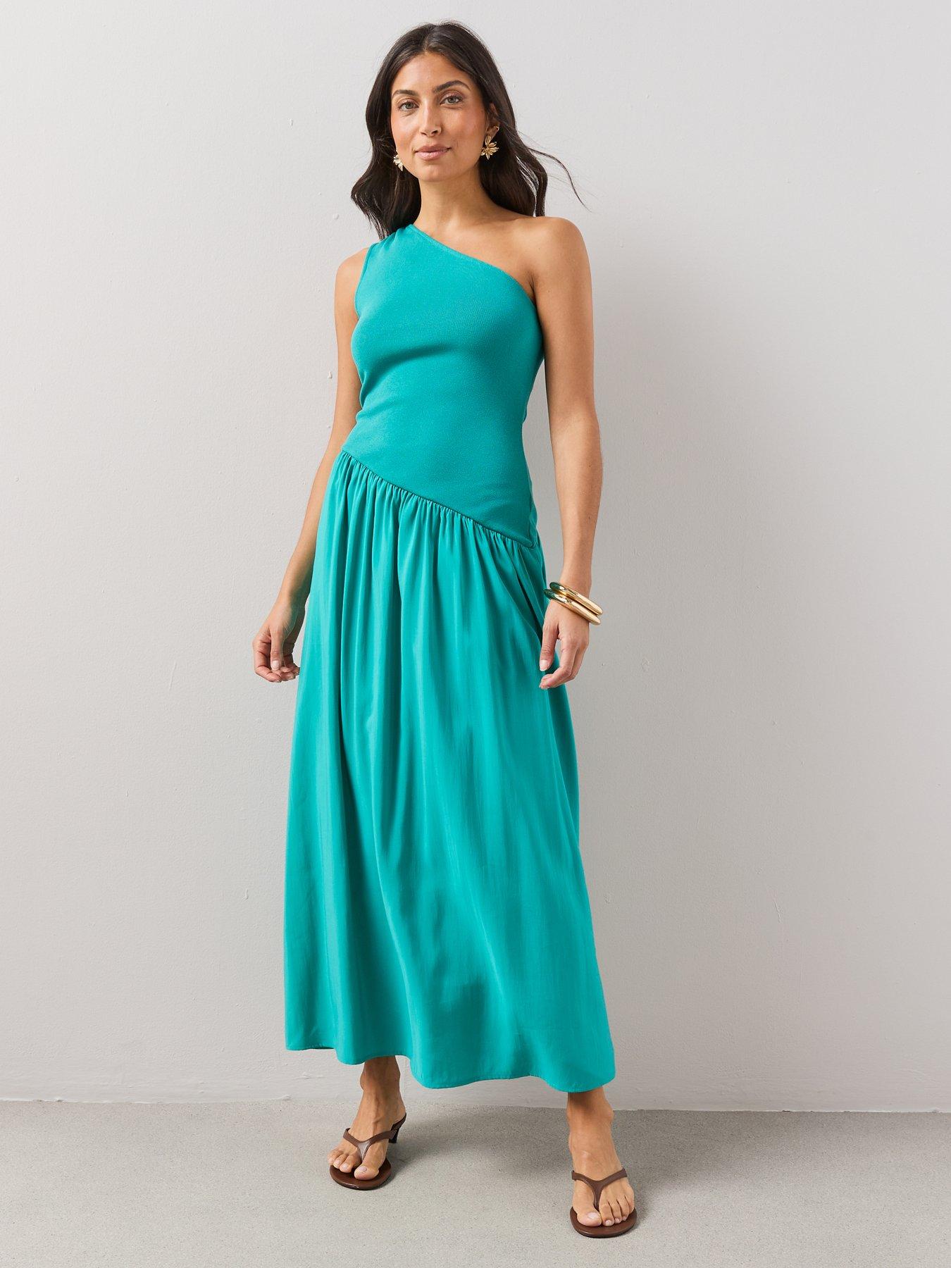 Image 3 of 6 of The Very Collection One Shoulder Woven Mix Midi Dress - Blue