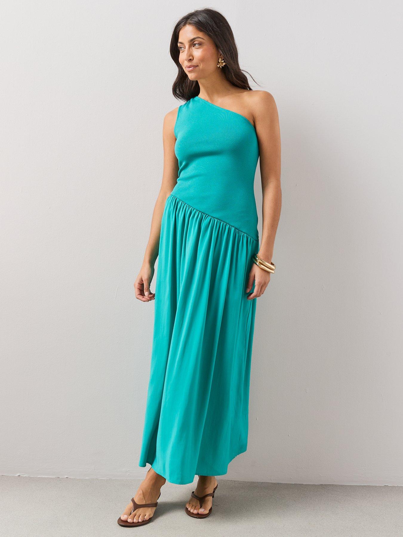 Image 6 of 6 of The Very Collection One Shoulder Woven Mix Midi Dress - Blue