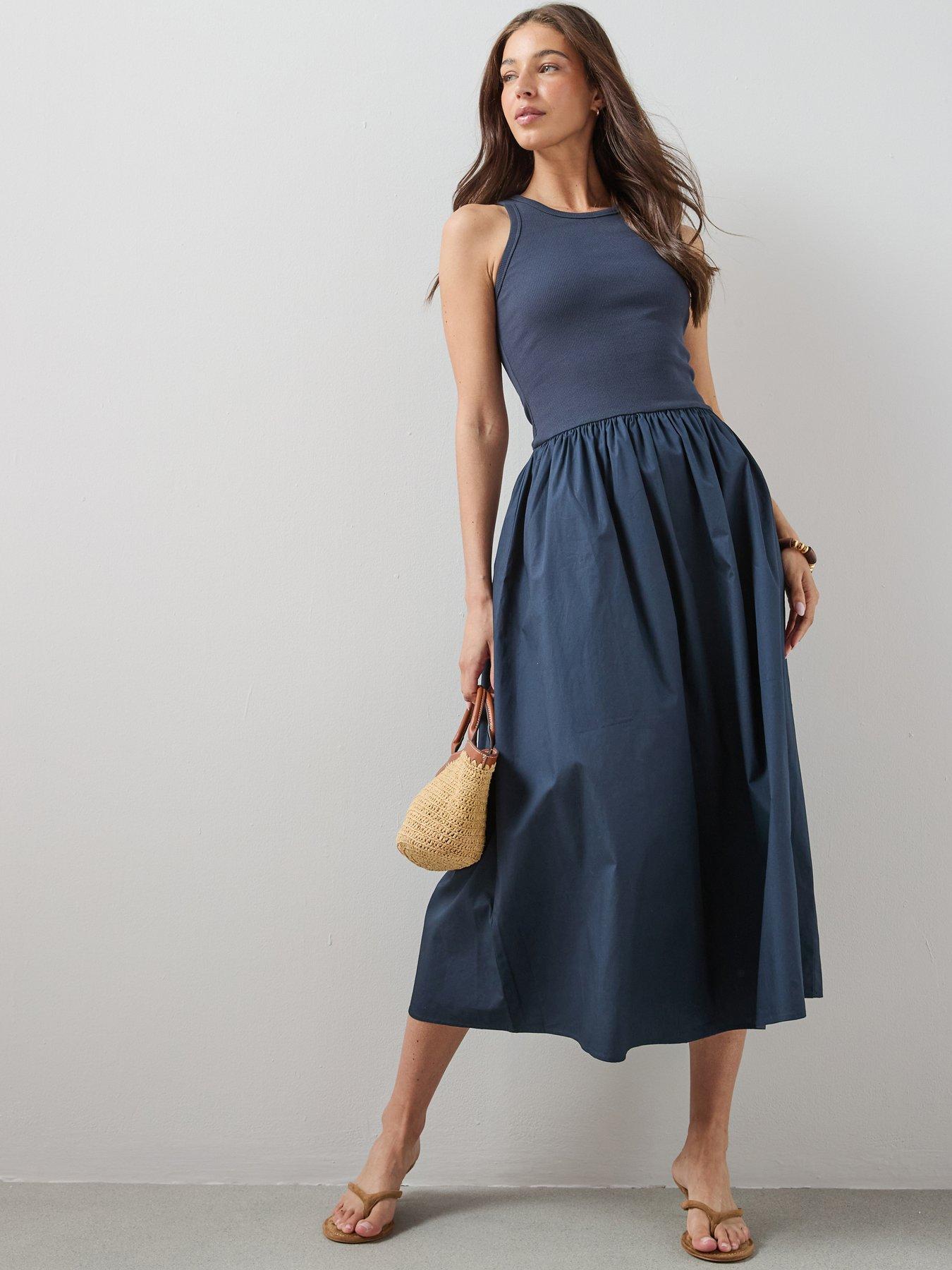 The Very Collection Sleeveless Woven Mix Midi Dress - Blue