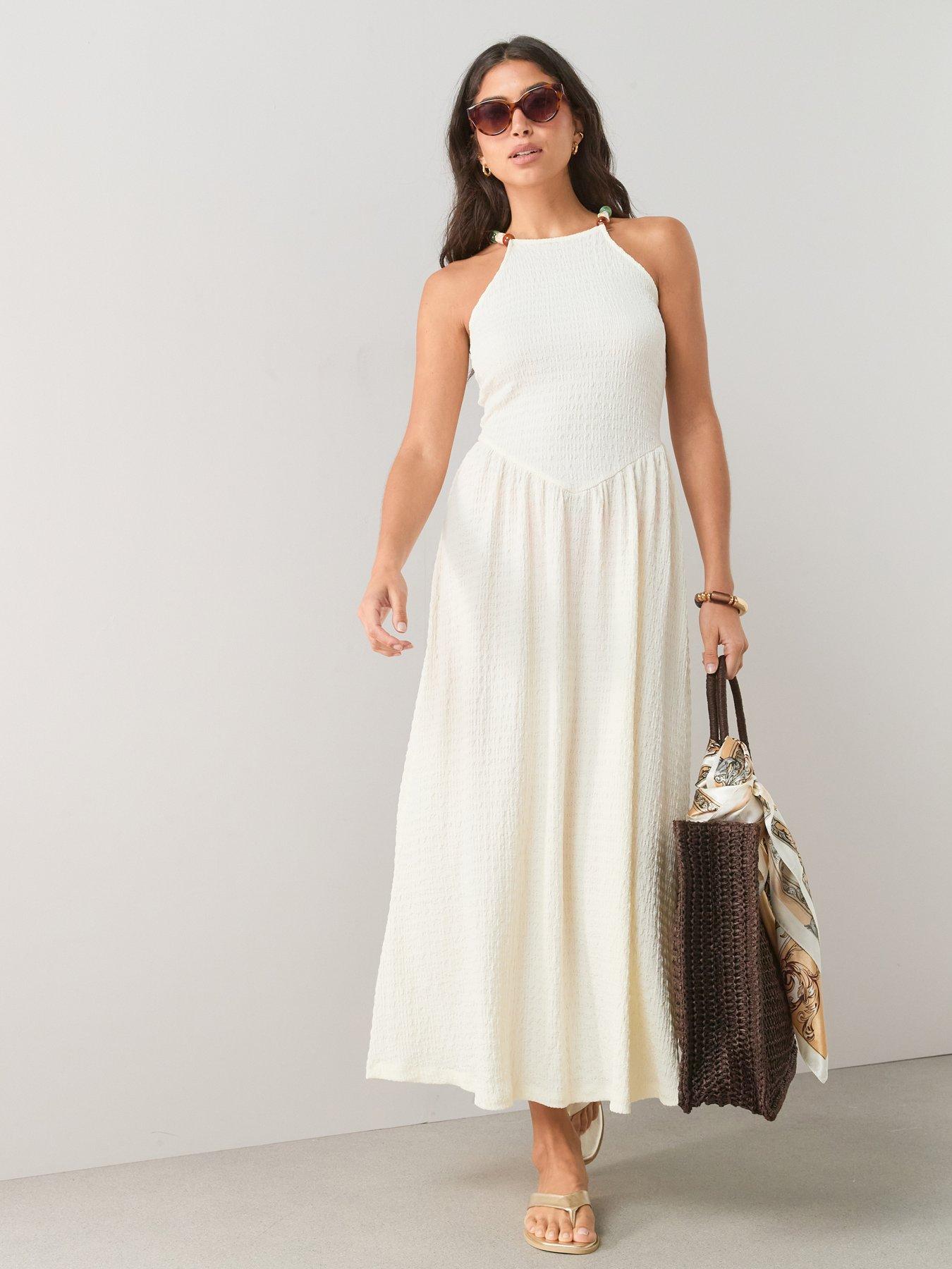 The Very Collection Beaded Strap Cami Textured Midi Dress - Cream
