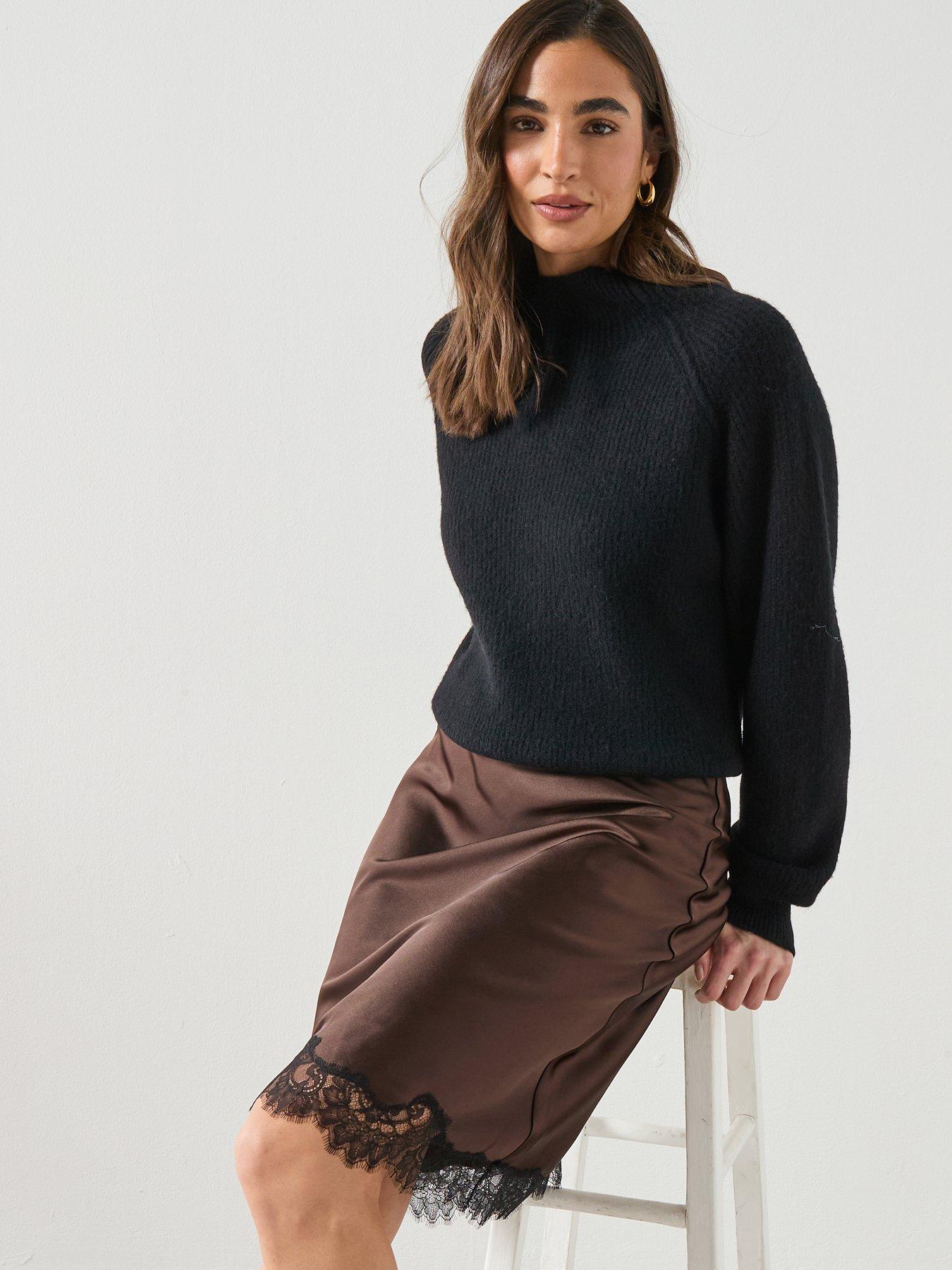  image of mango-satin-lace-skirt-brown