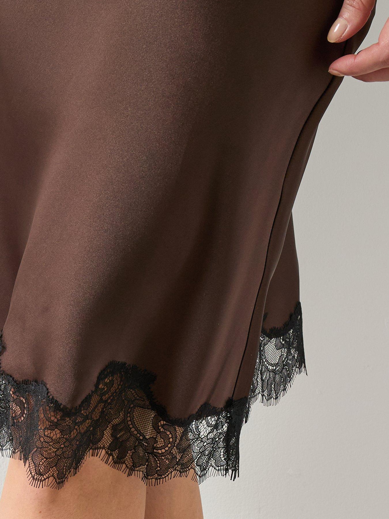  image of mango-satin-lace-skirt-brown