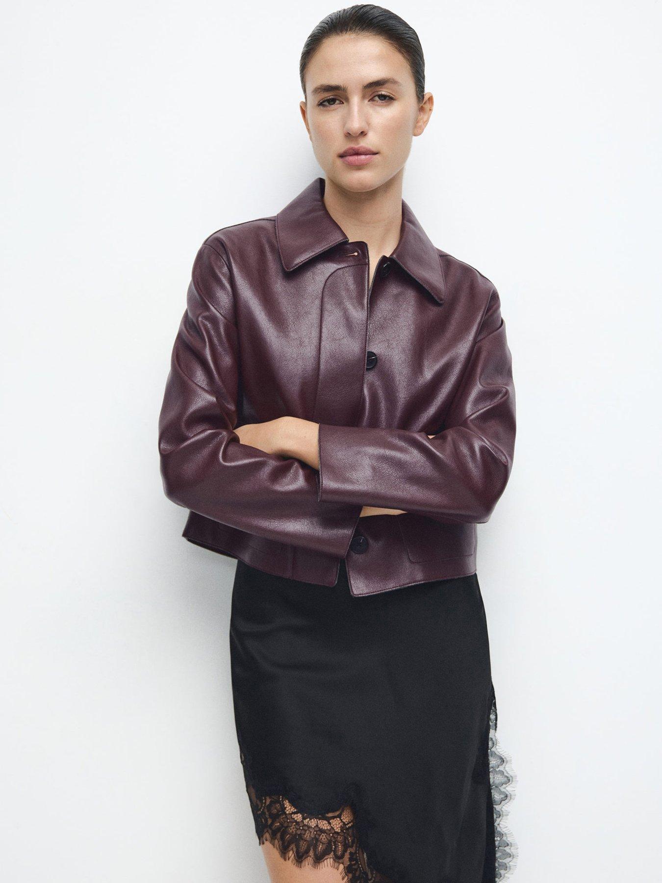 Mango Faux Leather Jacket With Pockets - Burgundy
