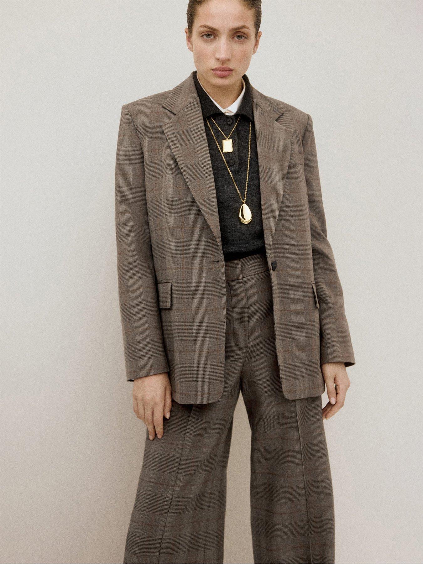 front image of mango-wool-blend-check-trousers-brown
