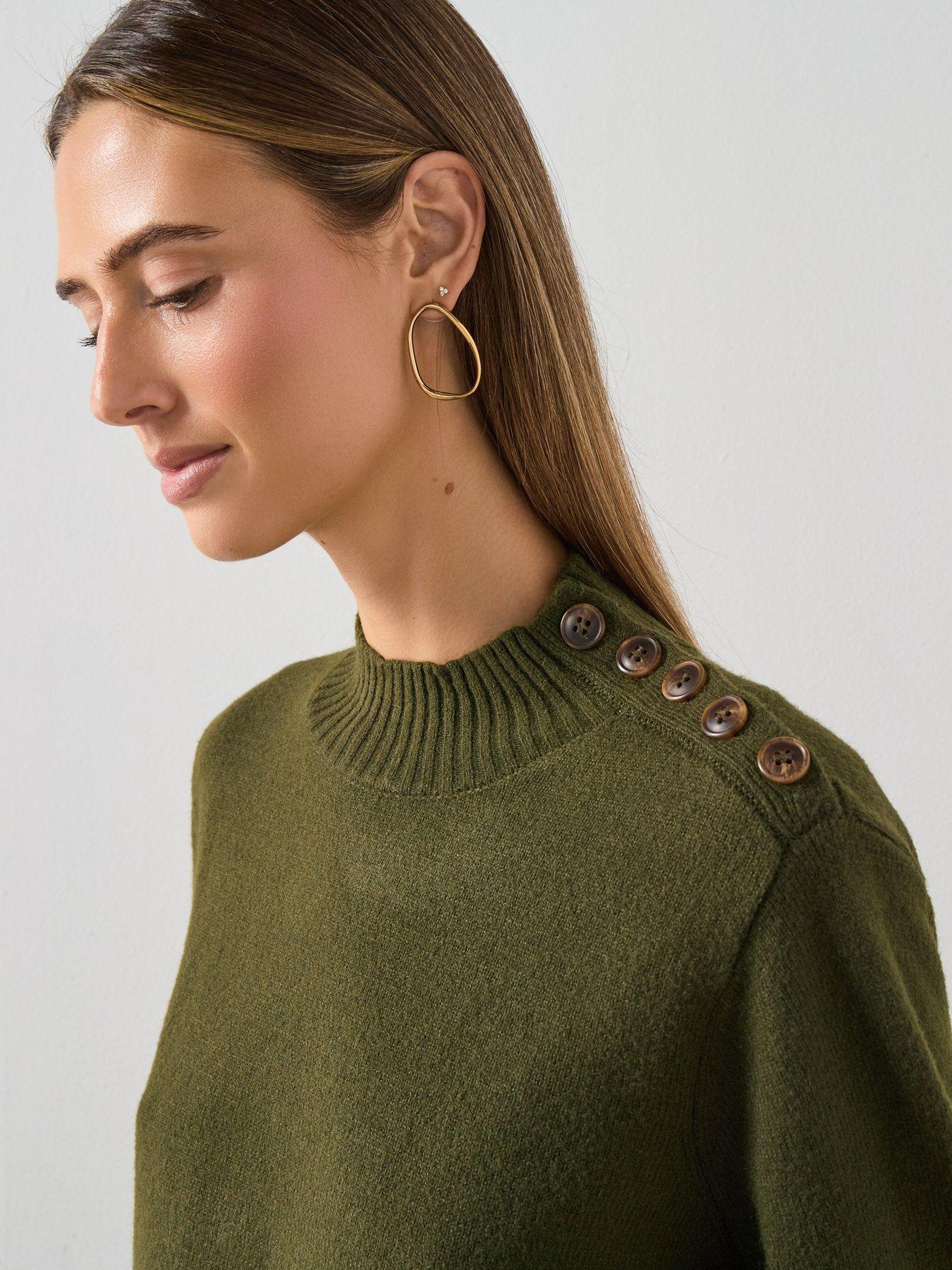 Image 5 of 6 of Mango High Neck Jumper With Button Detail - Green