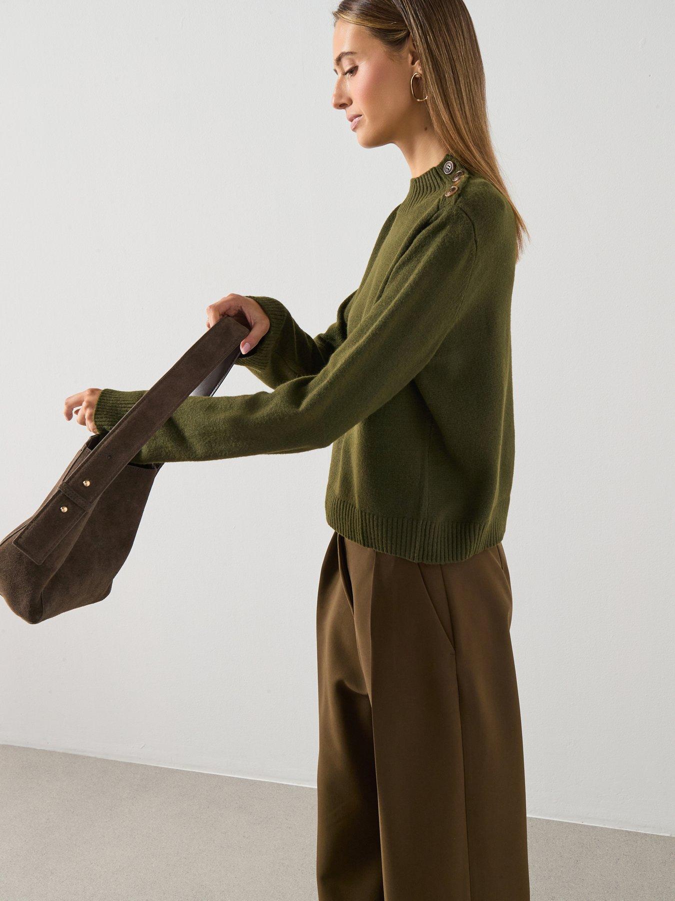 Image 6 of 6 of Mango High Neck Jumper With Button Detail - Green