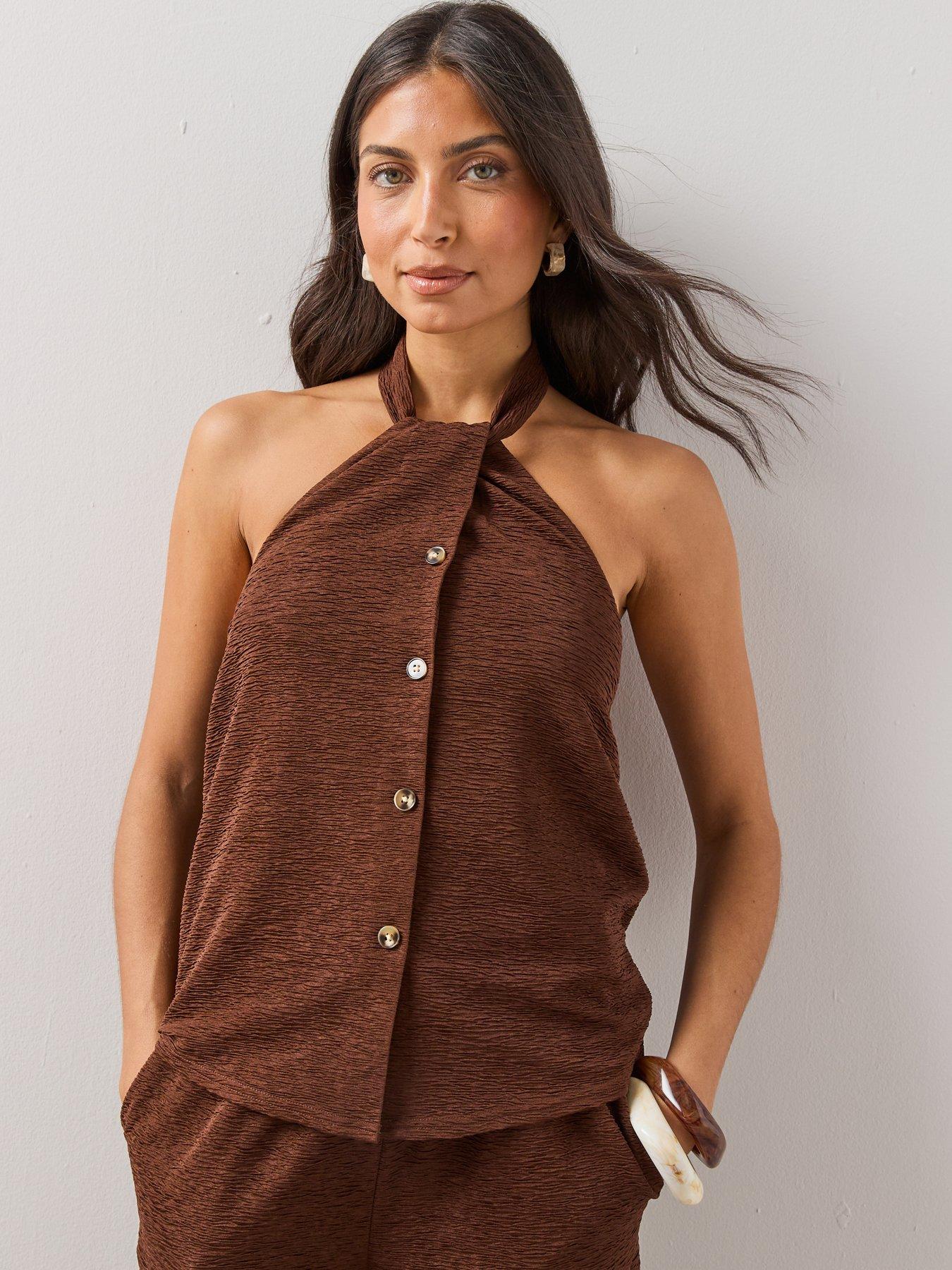 The Very Collection Textured Stretch Halter Top - Brown