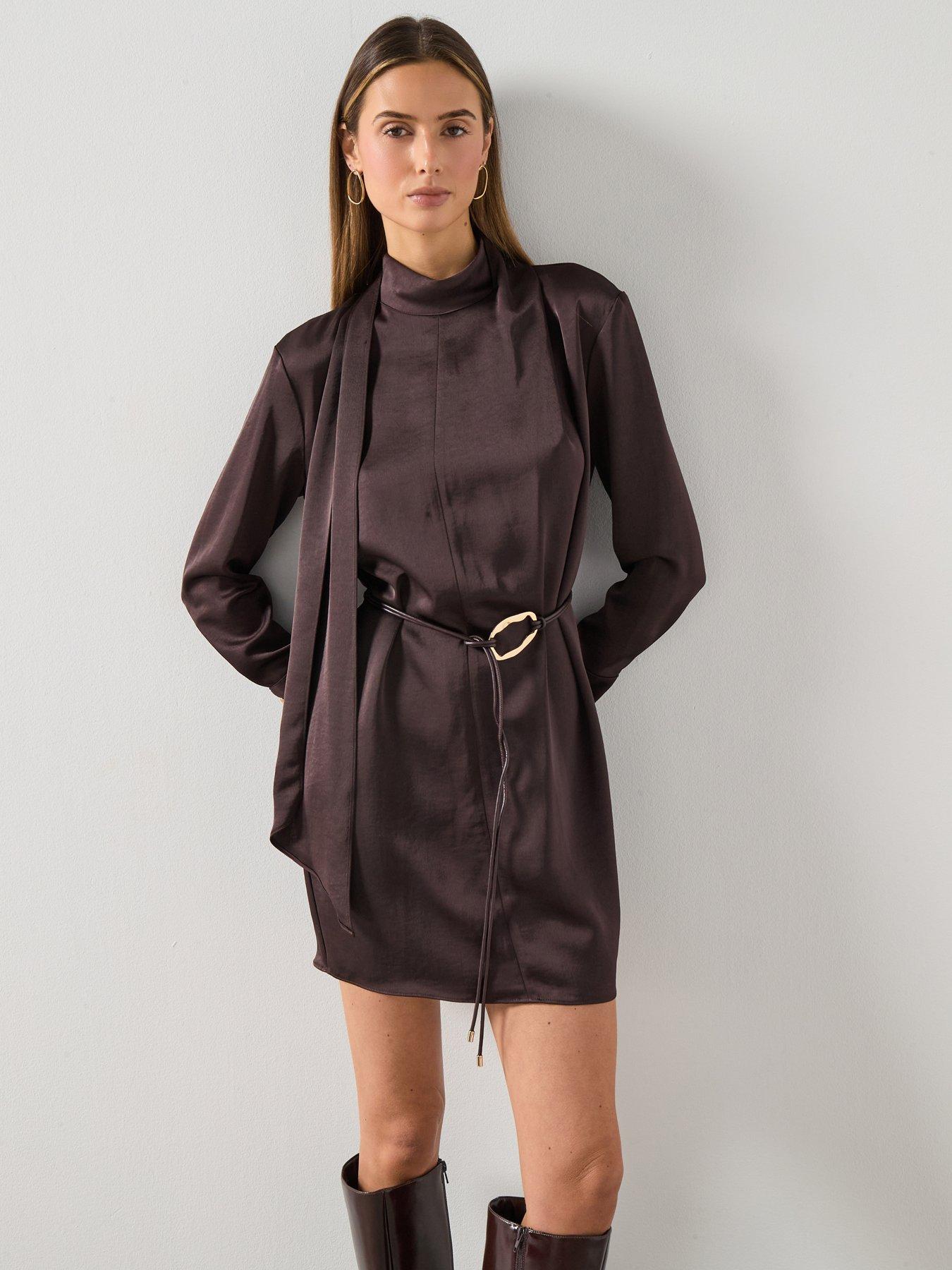 Mango Satin Dress With Scarf Detail - Brown