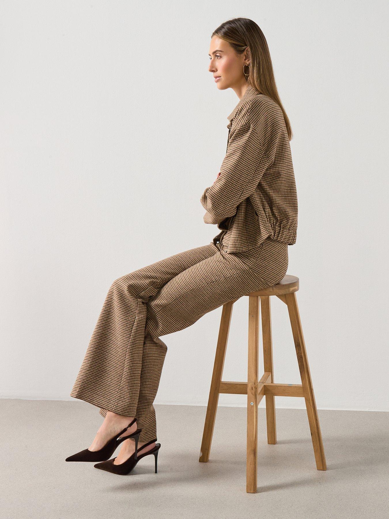 Image 6 of 6 of Mango Houndstooth Straight Cut Trousers - Brown