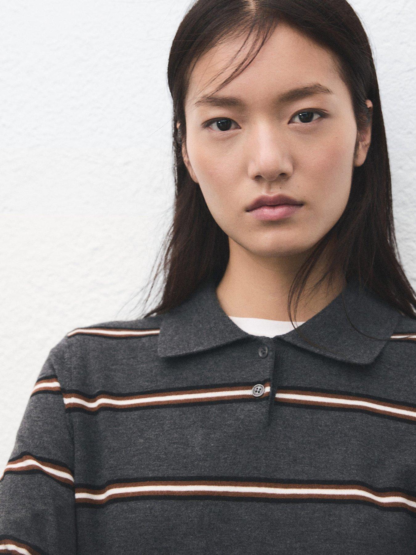  image of mango-striped-polo-neck-sweater-grey