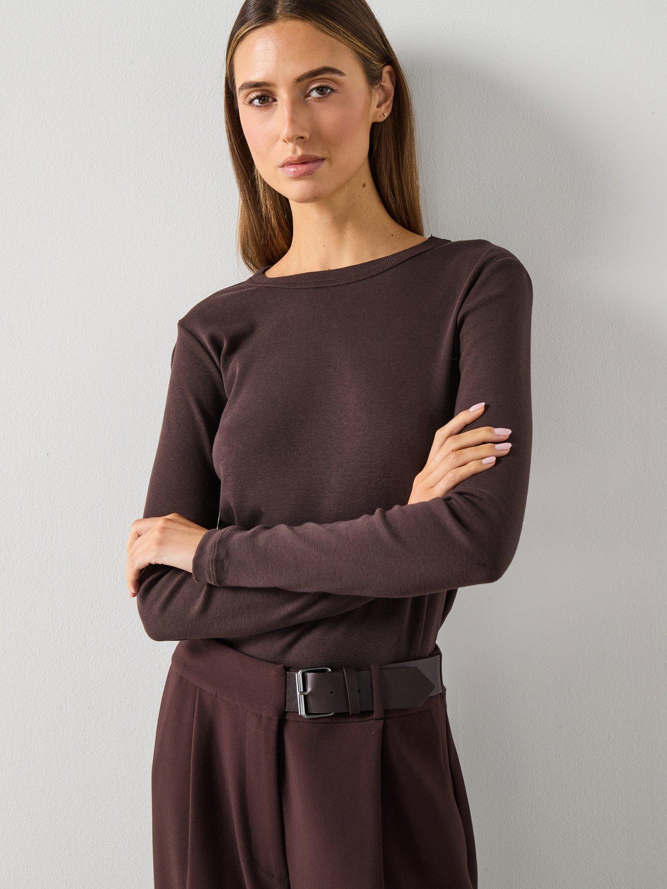 Mango Long Sleeve Cotton T-Shirt - Brown