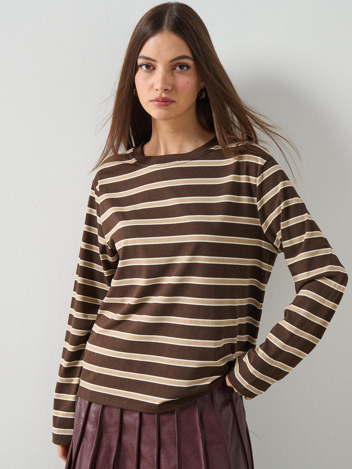  image of mango-long-sleeved-striped-t-shirt-brown