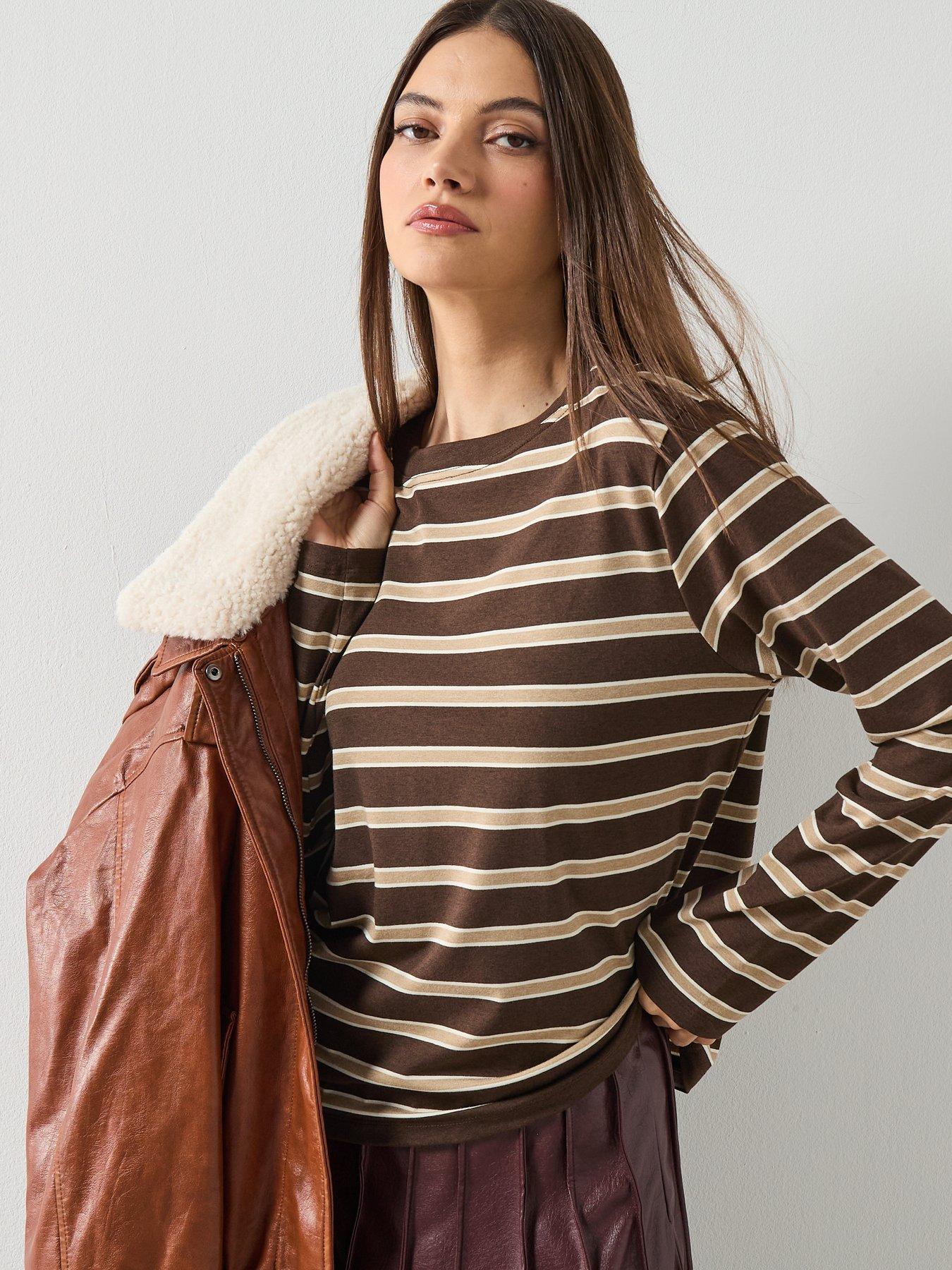  image of mango-long-sleeved-striped-t-shirt-brown