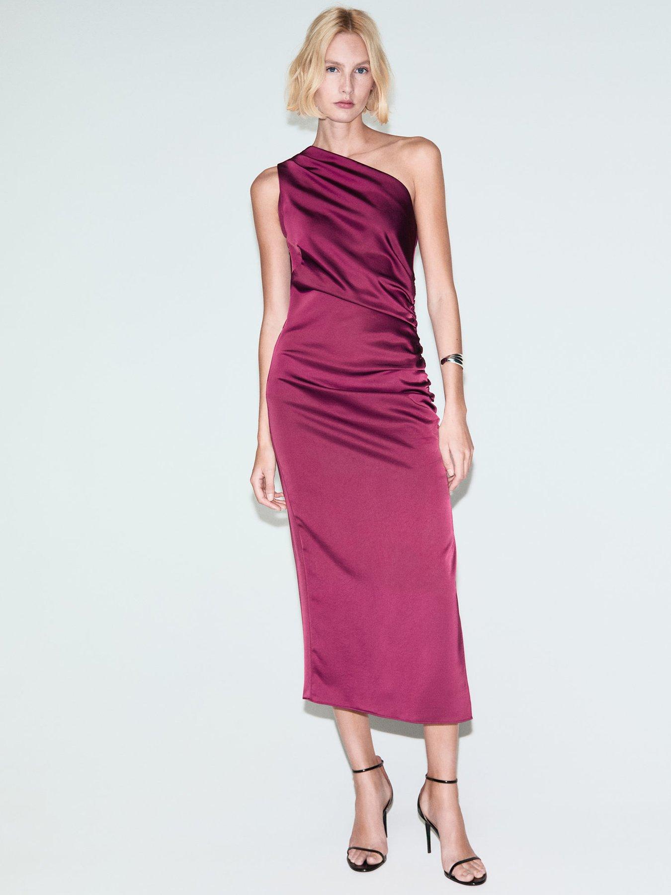 Image 1 of 5 of Mango Asymmetrical Satin Dress - Pink