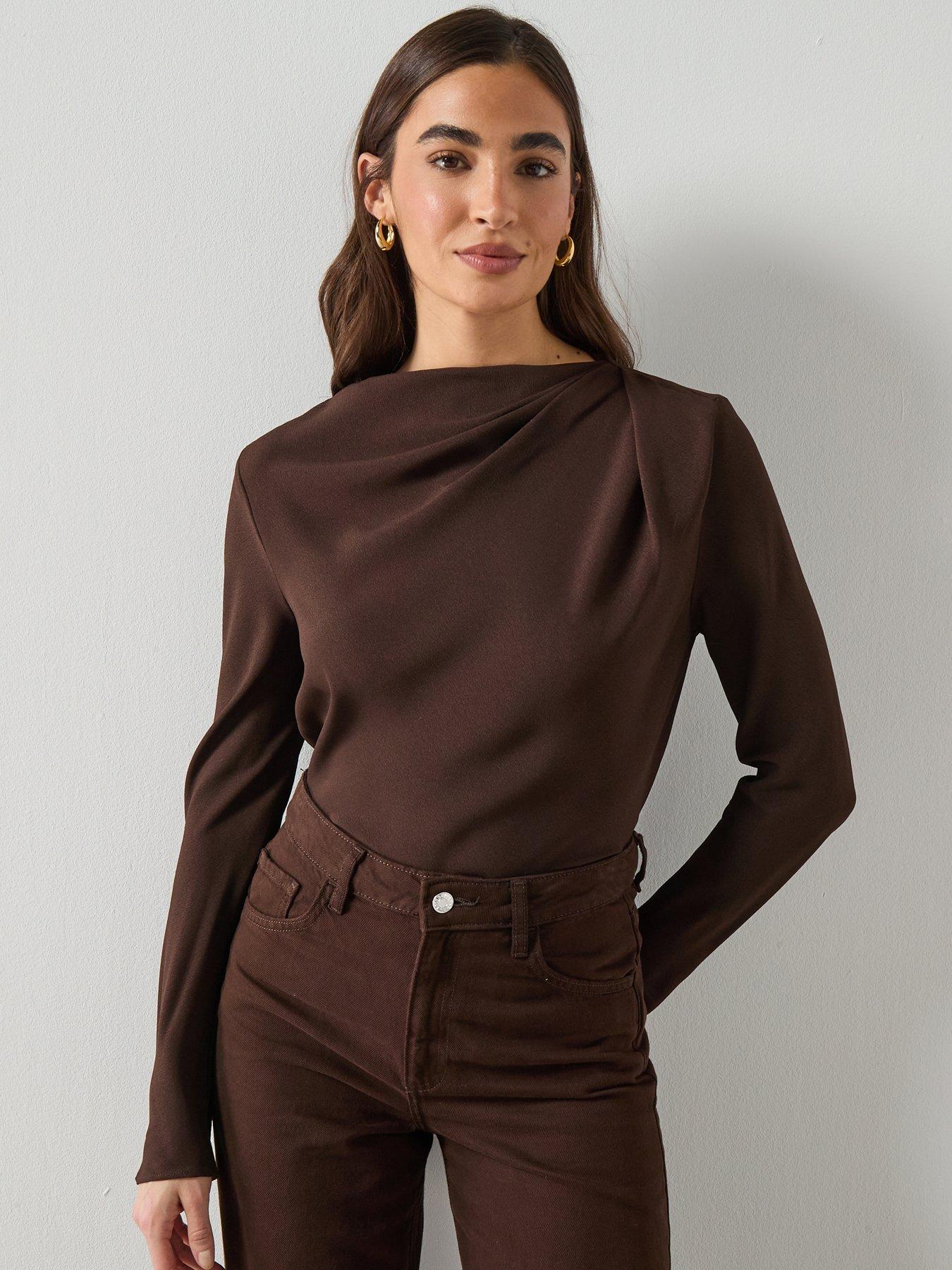 Image 1 of 6 of Mango Draped Boat-neck Blouse - Brown