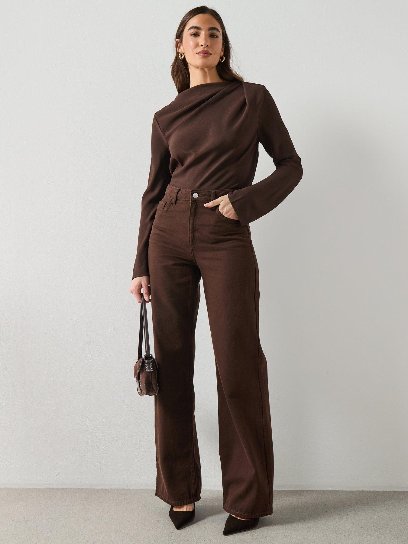 Image 3 of 6 of Mango Draped Boat-neck Blouse - Brown