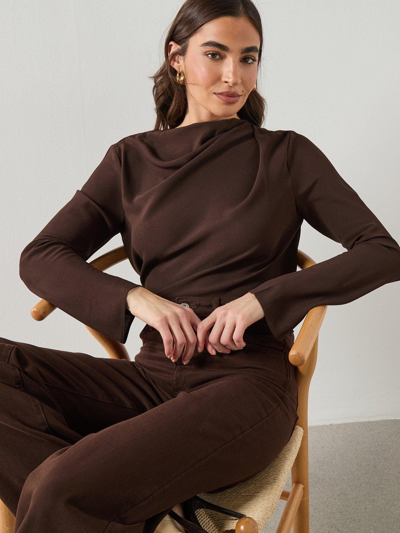 Image 4 of 6 of Mango Draped Boat-neck Blouse - Brown