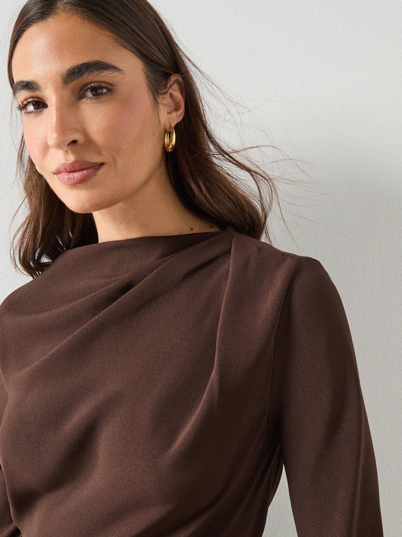 Image 6 of 6 of Mango Draped Boat-neck Blouse - Brown