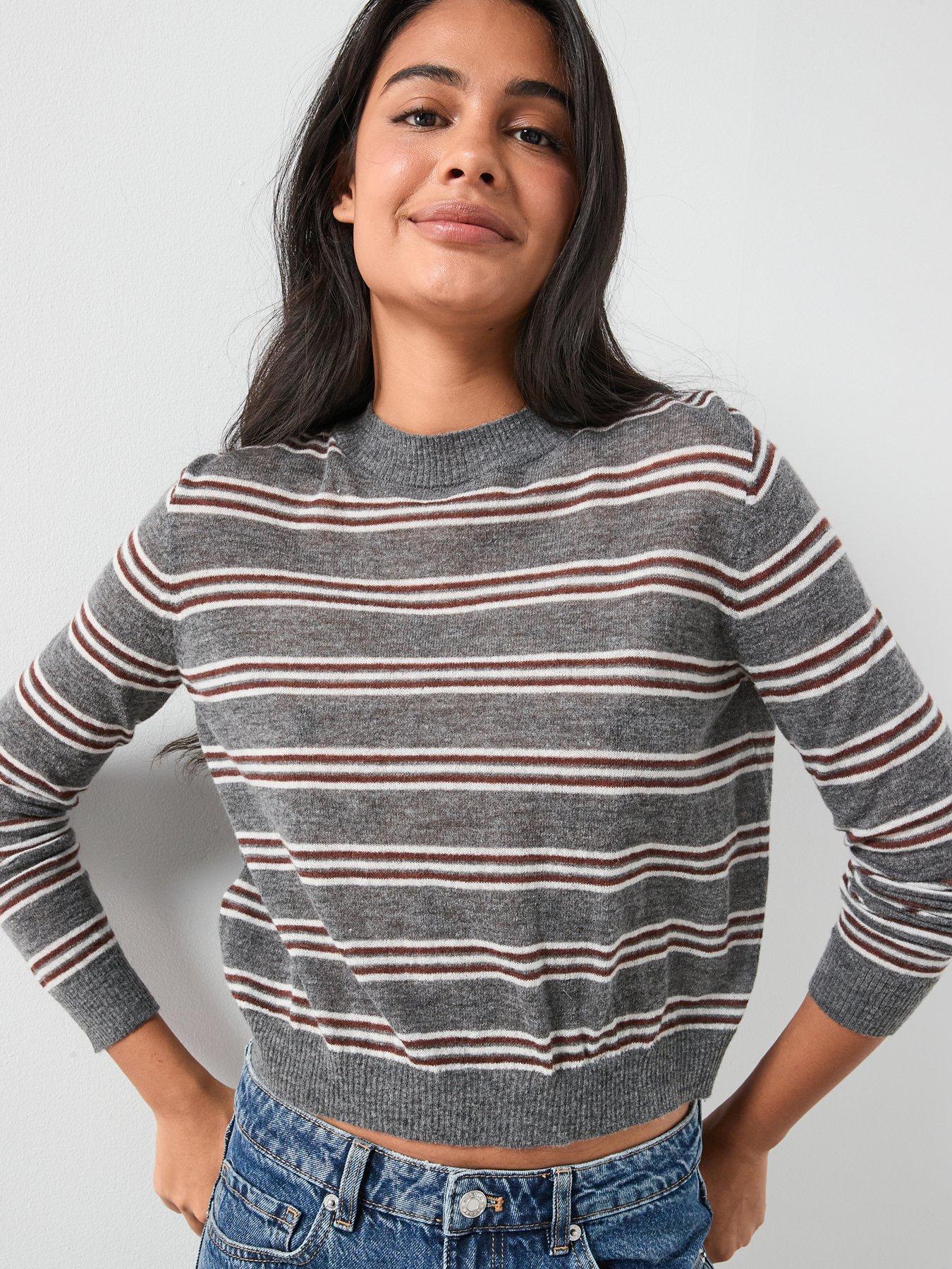 front image of mango-knit-striped-sweater-grey