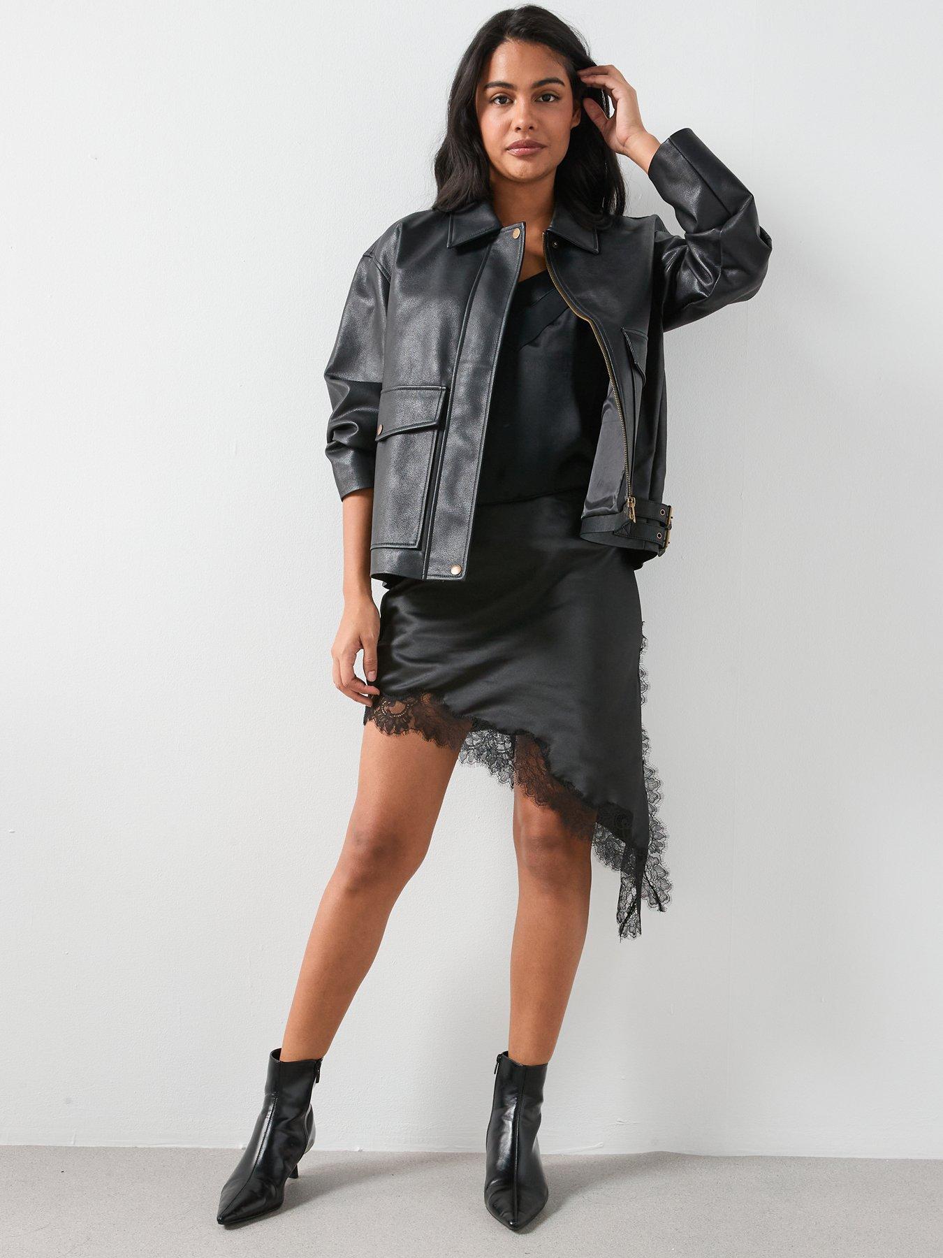 Image 6 of 6 of Mango Satin Asymmetric Short Skirt with Lace - Black