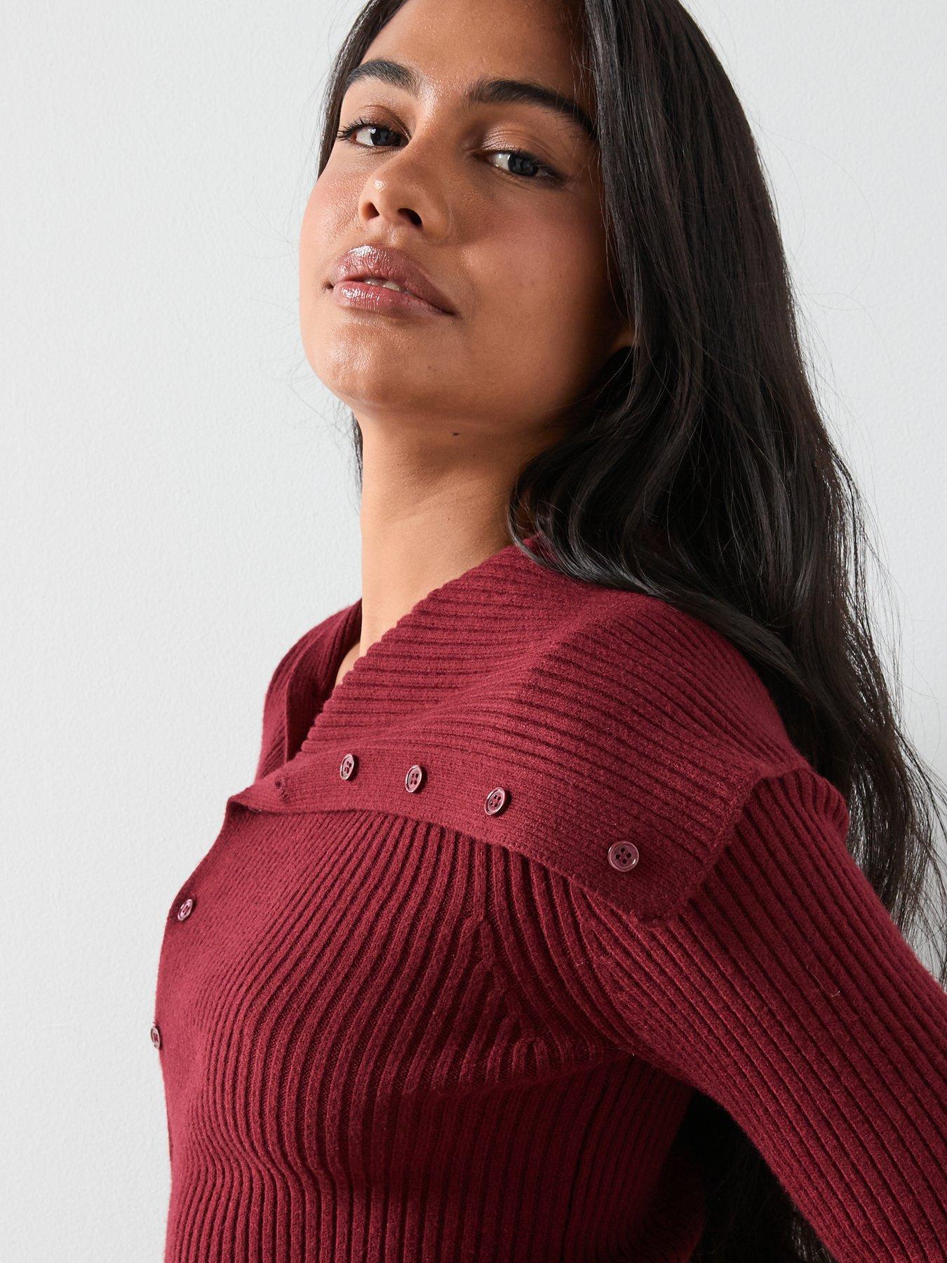 Image 5 of 6 of Mango Cardigan with Shawl Collar - Red