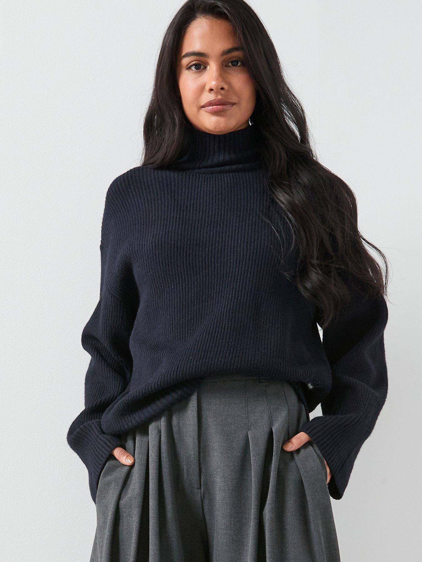 Image 1 of 5 of Mango Perkins-Neck Sweater with Button Detail - Navy