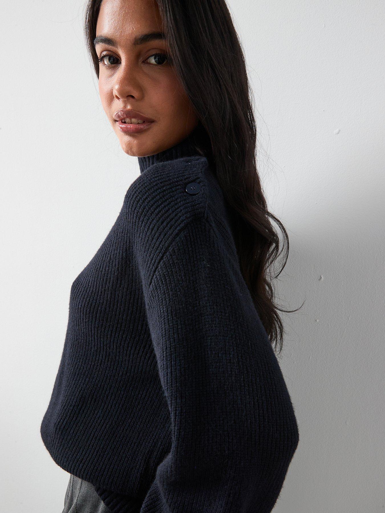 Image 4 of 5 of Mango Perkins-Neck Sweater with Button Detail - Navy