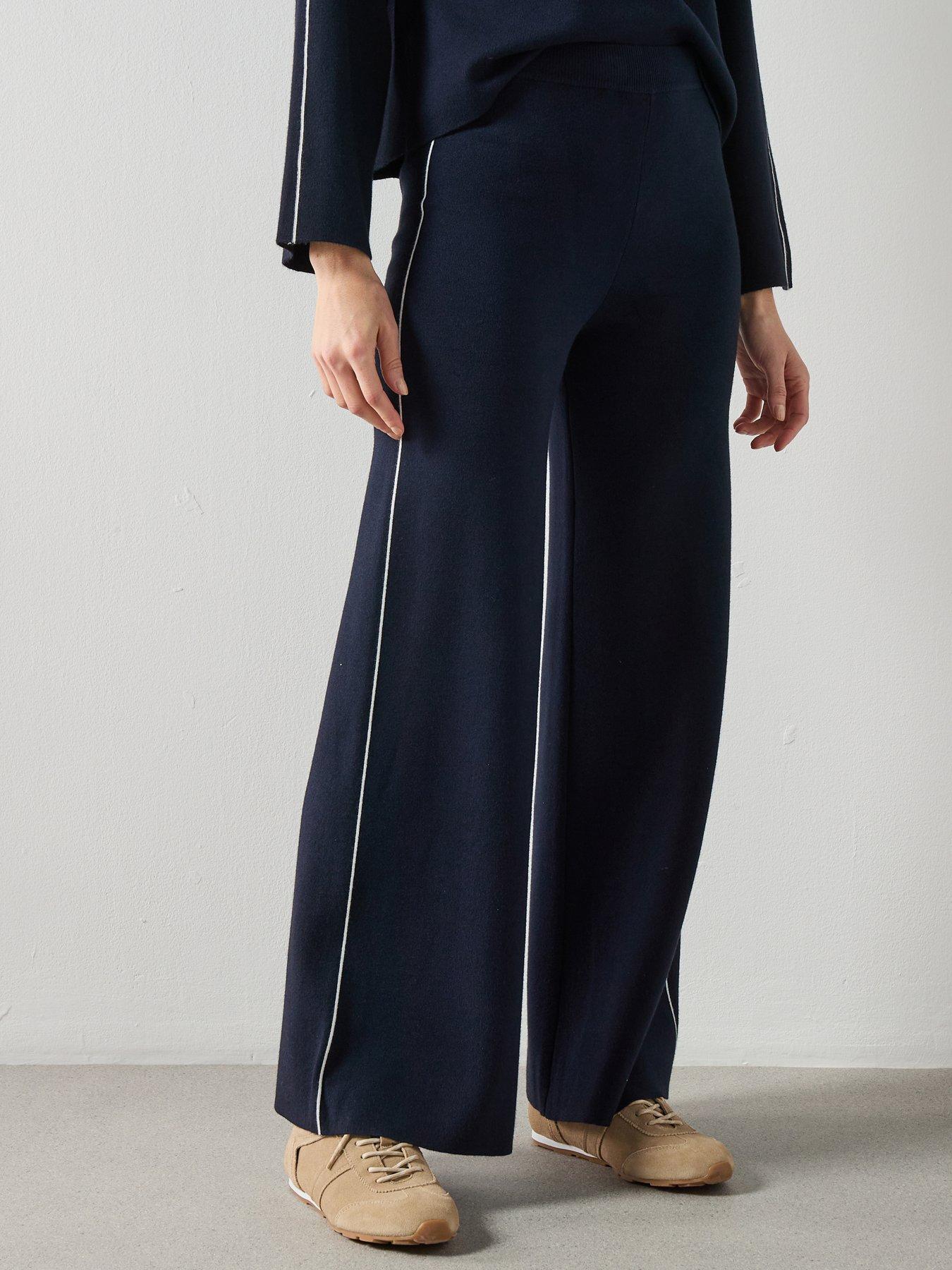 Mango Contrast Stripe Straight Trousers -Navy