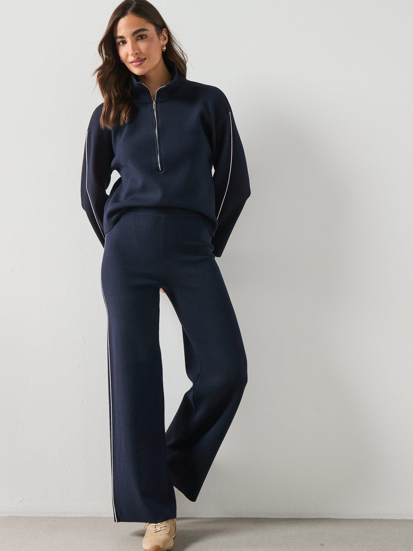 Image 3 of 6 of Mango Contrast Stripe Straight Trousers -Navy