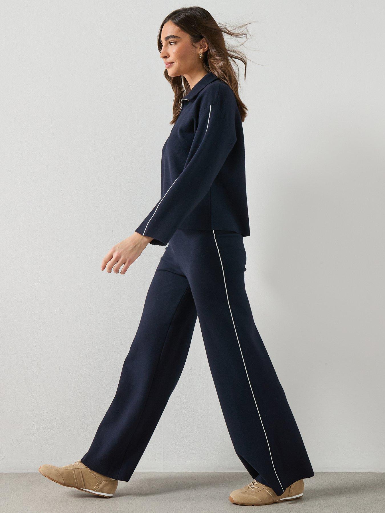 Image 5 of 6 of Mango Contrast Stripe Straight Trousers -Navy