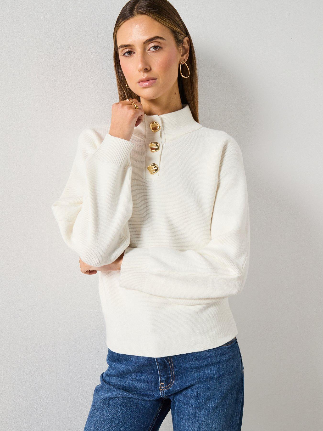 Image 1 of 6 of Mango Turtleneck Jumper With Jewel Buttons - Beige