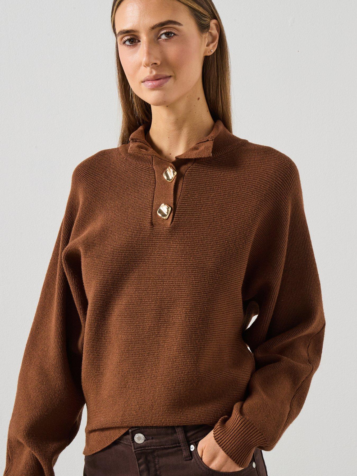 Image 5 of 6 of Mango Turtleneck Jumper With Jewel Buttons - Brown