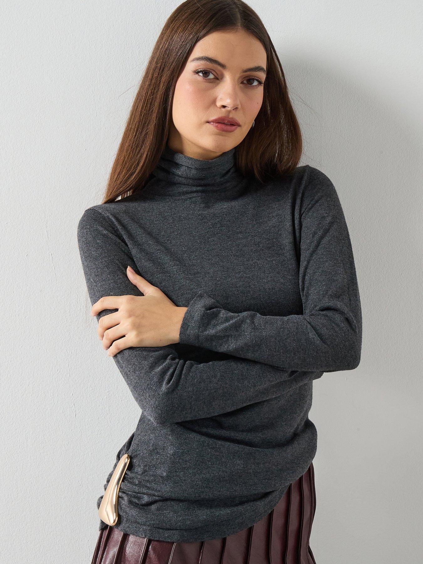 Image 1 of 6 of Mango Turtleneck Jumper With Brooch - Grey