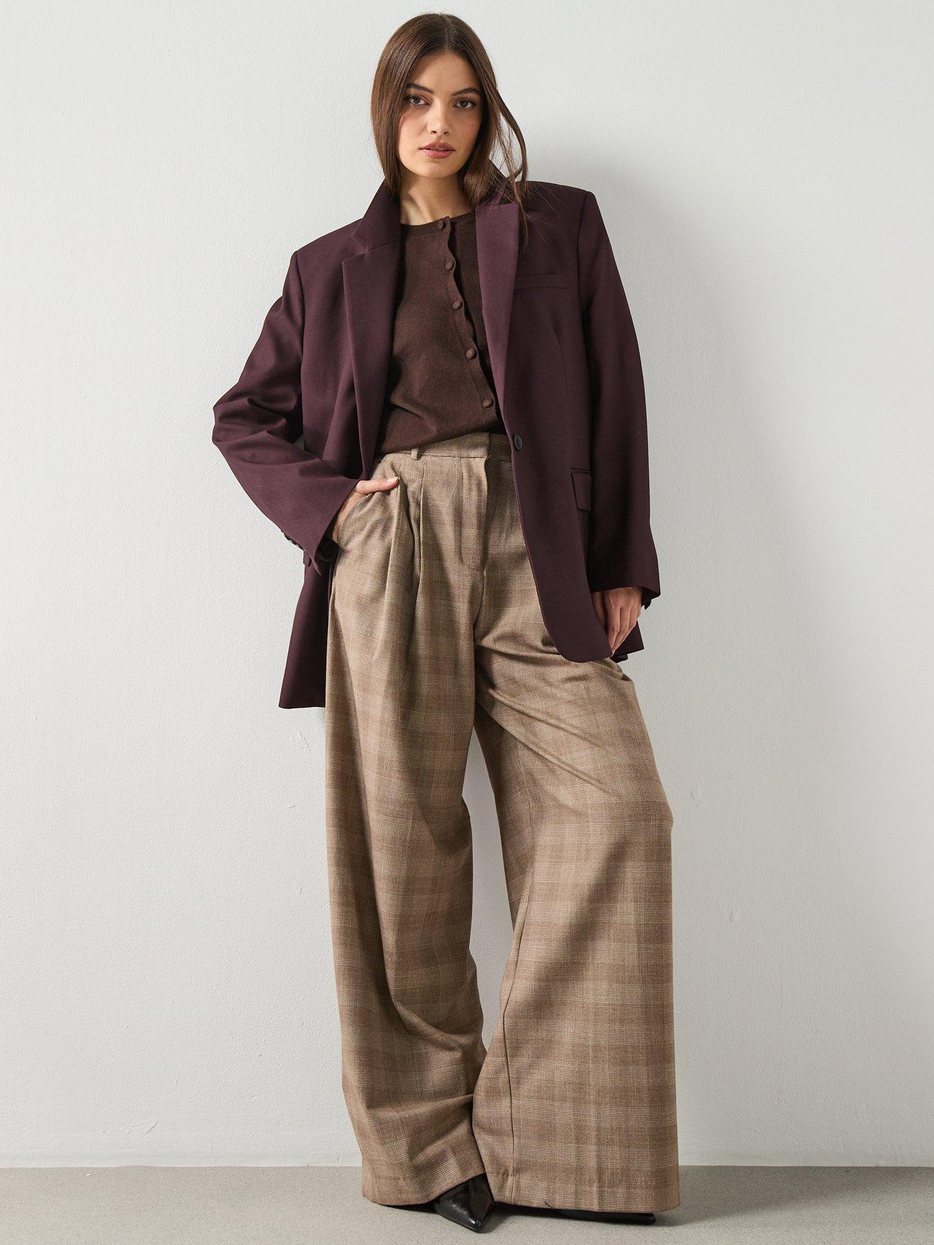  image of mango-wide-leg-check-suit-trousers-brown
