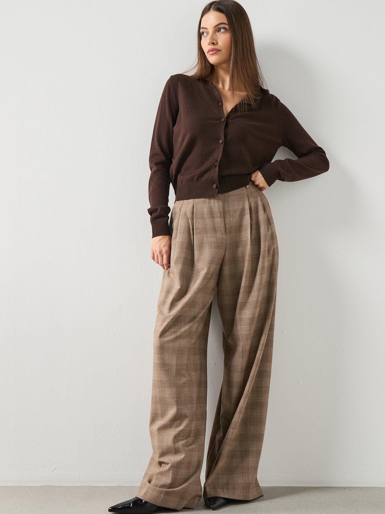  image of mango-wide-leg-check-suit-trousers-brown