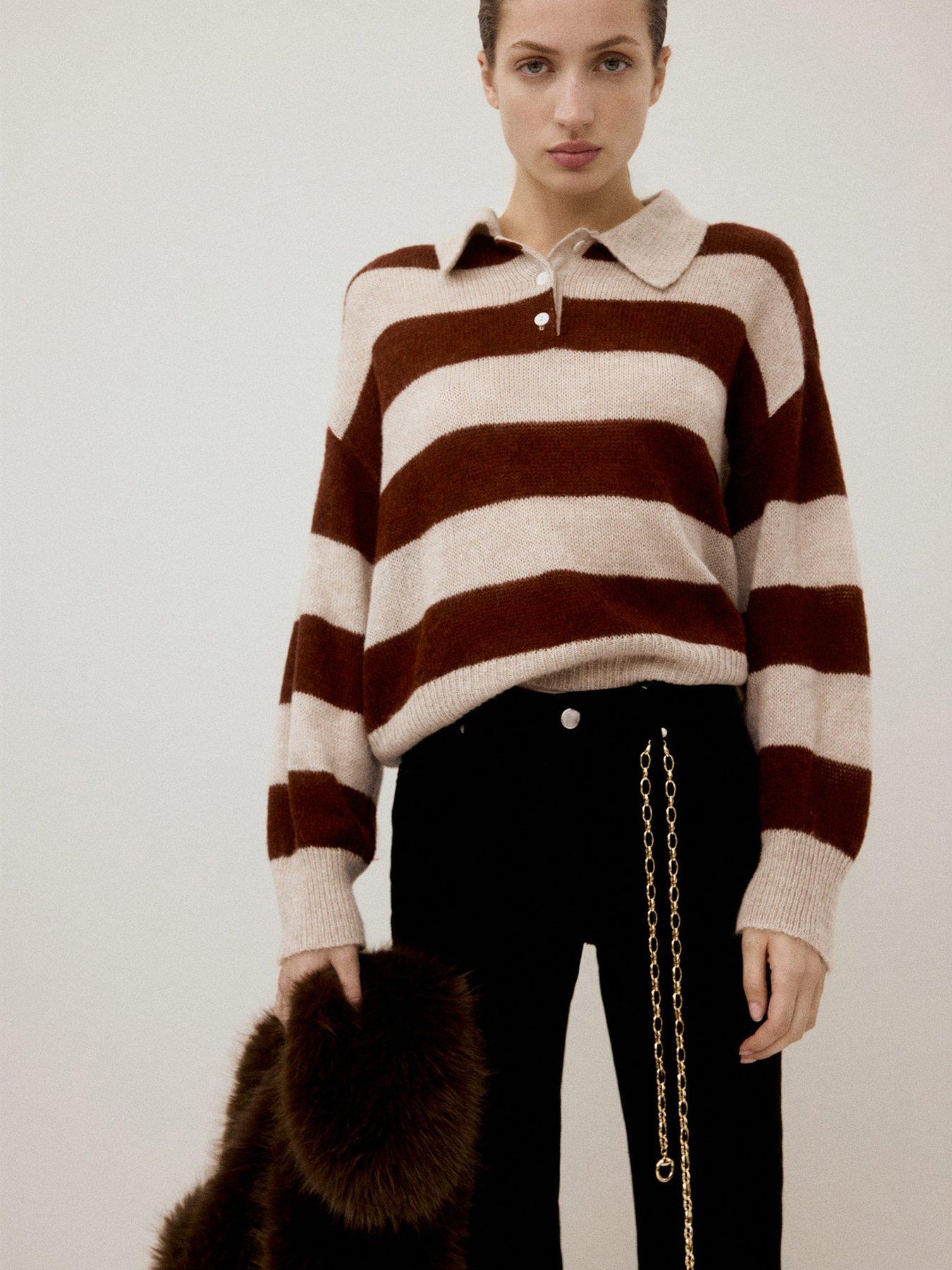 Image 1 of 5 of Mango Polo Neck Striped Jumper - Brown