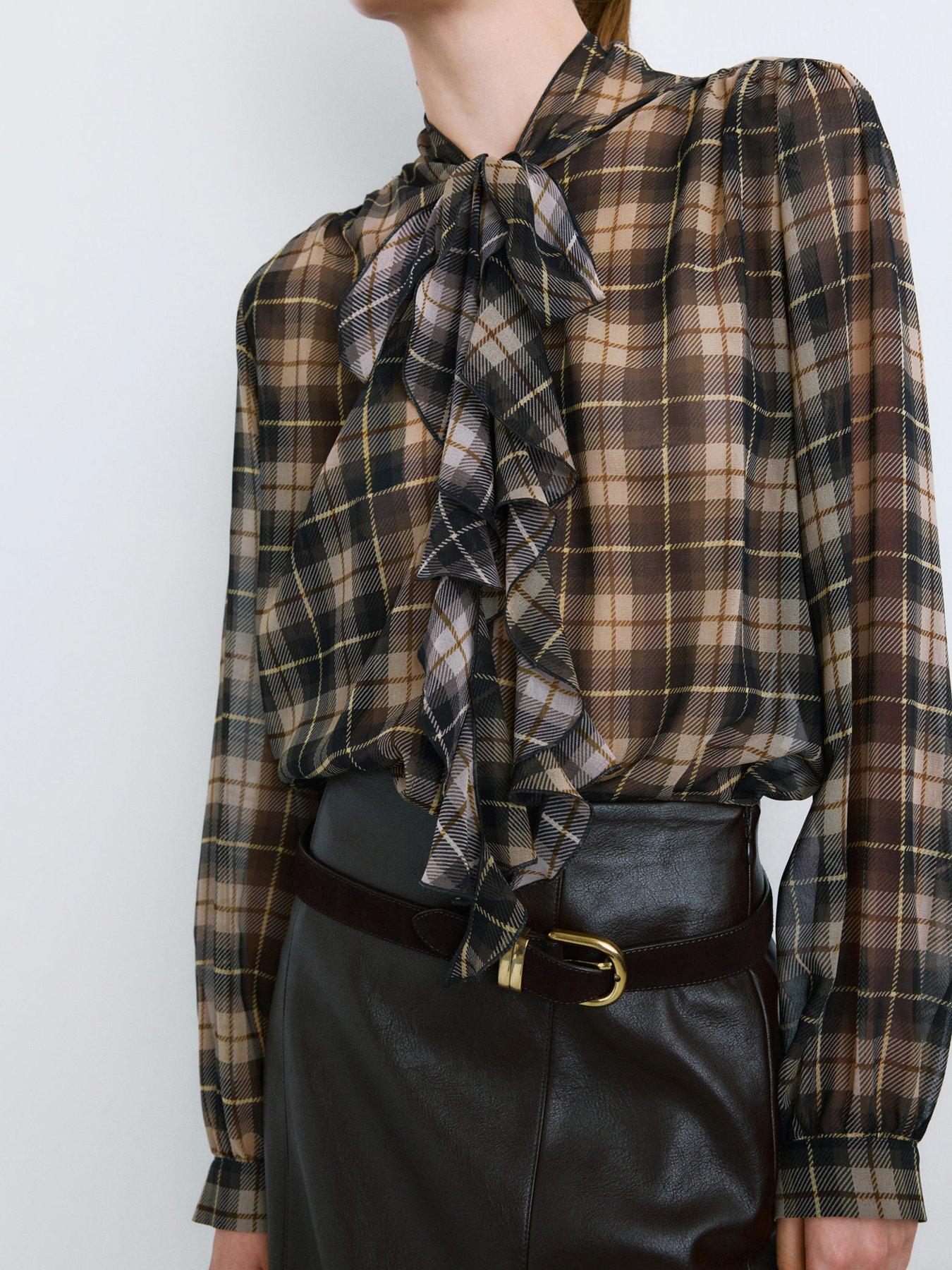  image of mango-blouse-with-check-pattern-and-foulard-collar-black