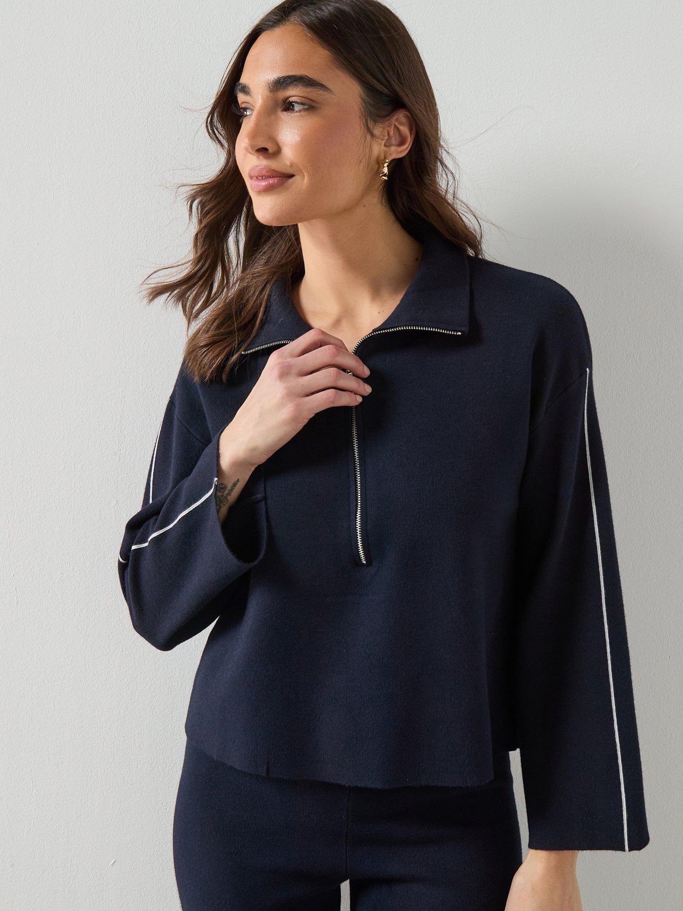 front image of mango-zip-neck-contrast-stripe-sweater-navy